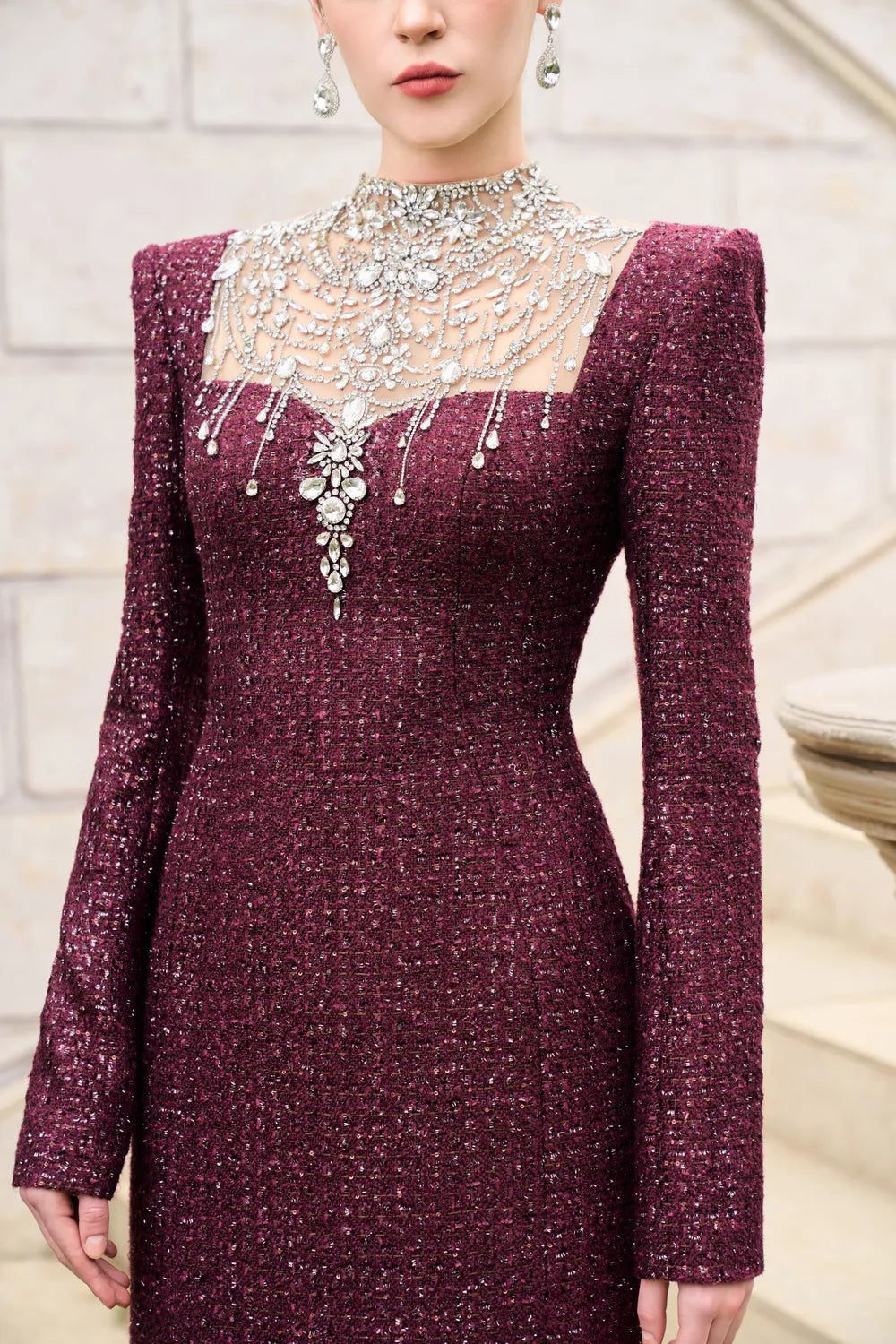 High Neck Stylized Crystal-Embellished Dress