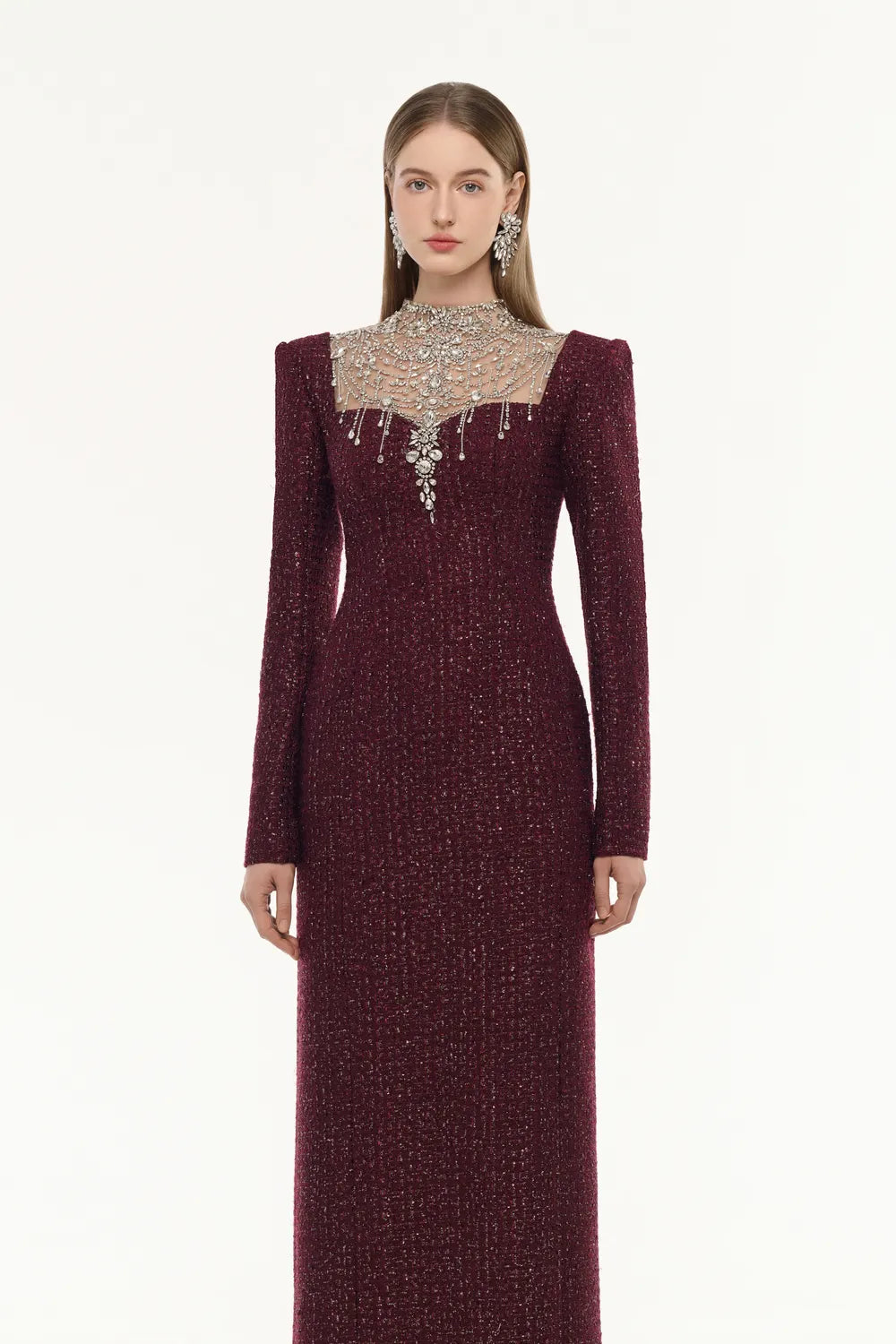 High Neck Stylized Crystal-Embellished Dress