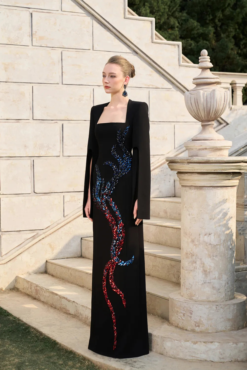 Flared Cape Sleeve Ombre-Embellished Dress