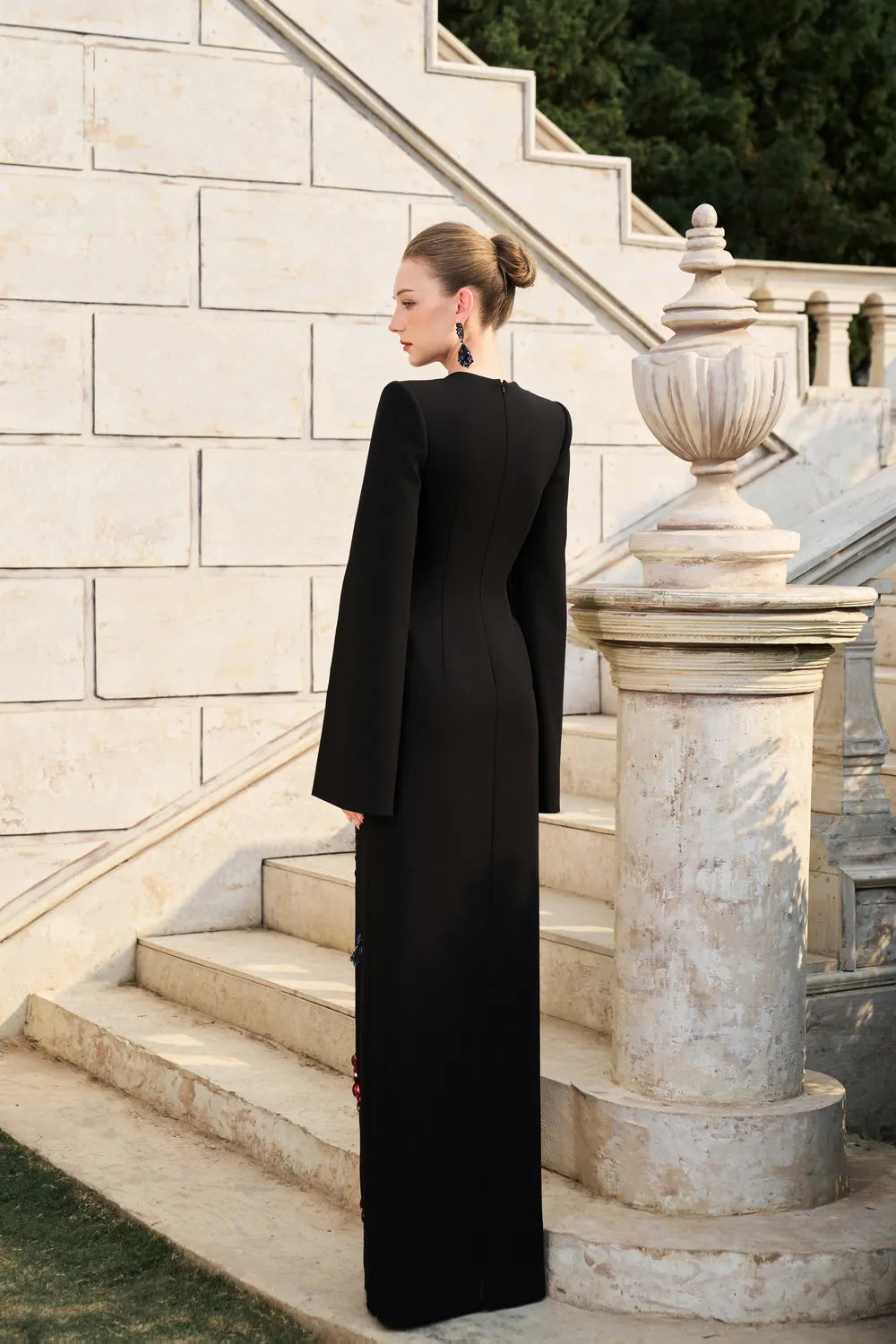 Flared Cape Sleeve Ombre-Embellished Dress