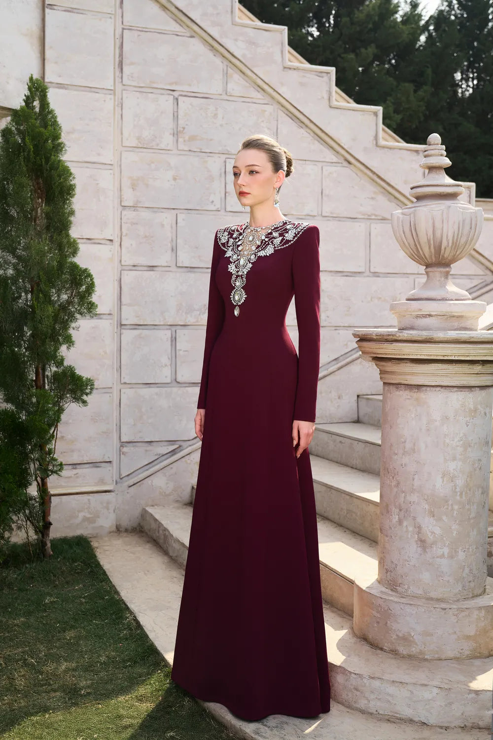 Stylized Crystal-Embellished See-Through Chest A-line Dress