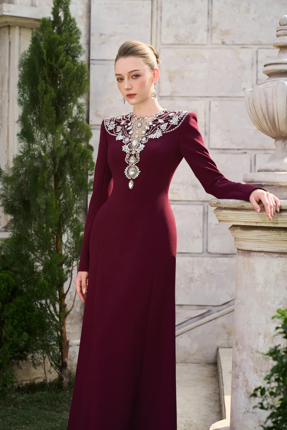 Stylized Crystal-Embellished See-Through Chest A-line Dress