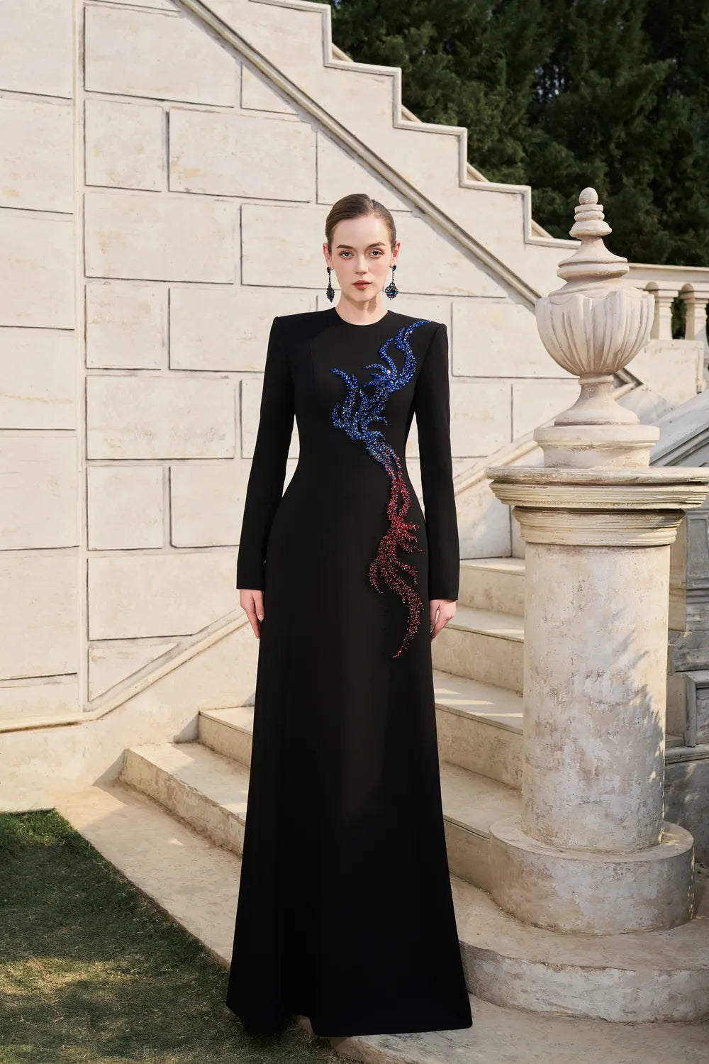 Long Sleeve Ombre Bead-Embellished Dress