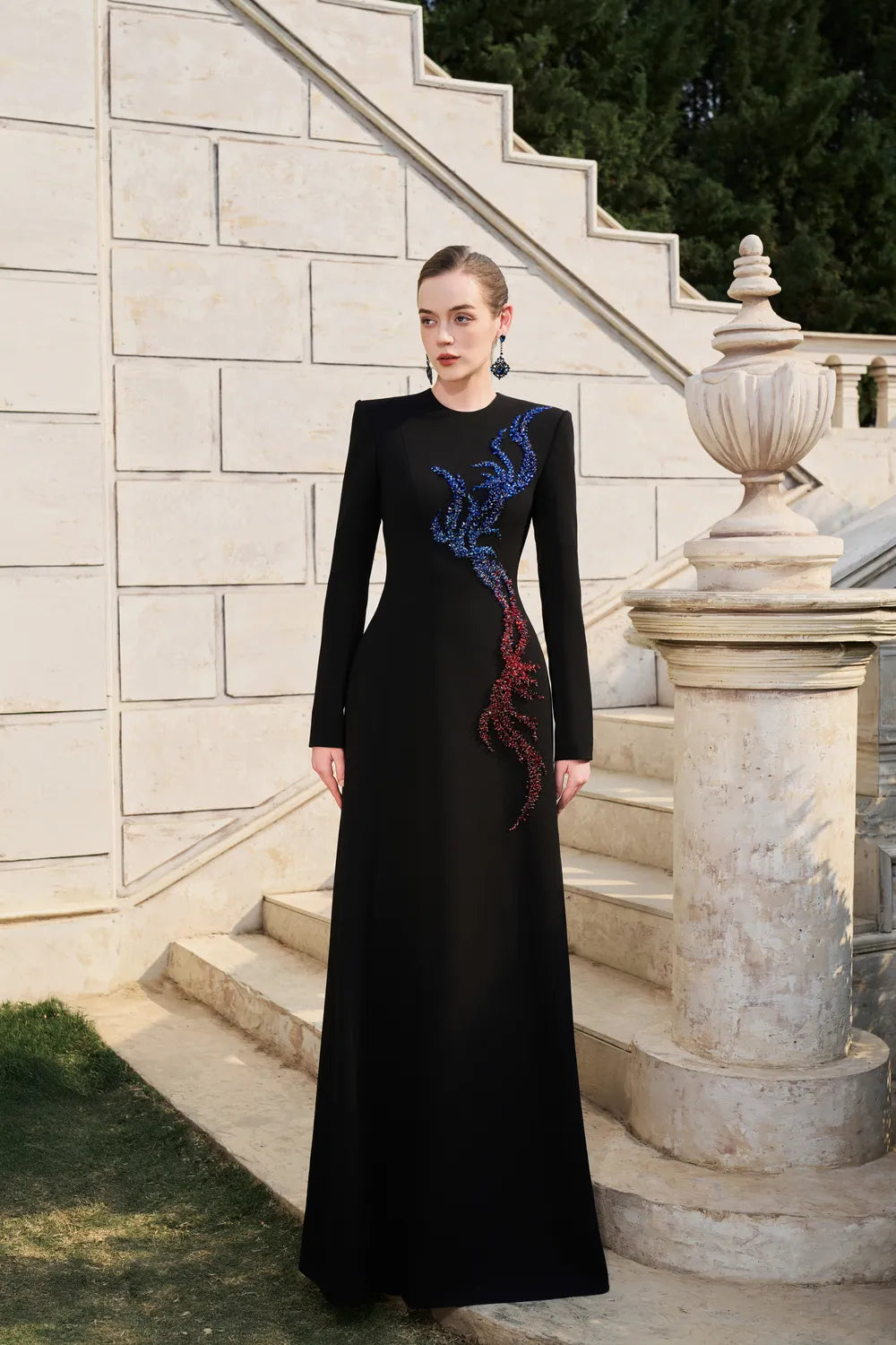 Long Sleeve Ombre Bead-Embellished Dress