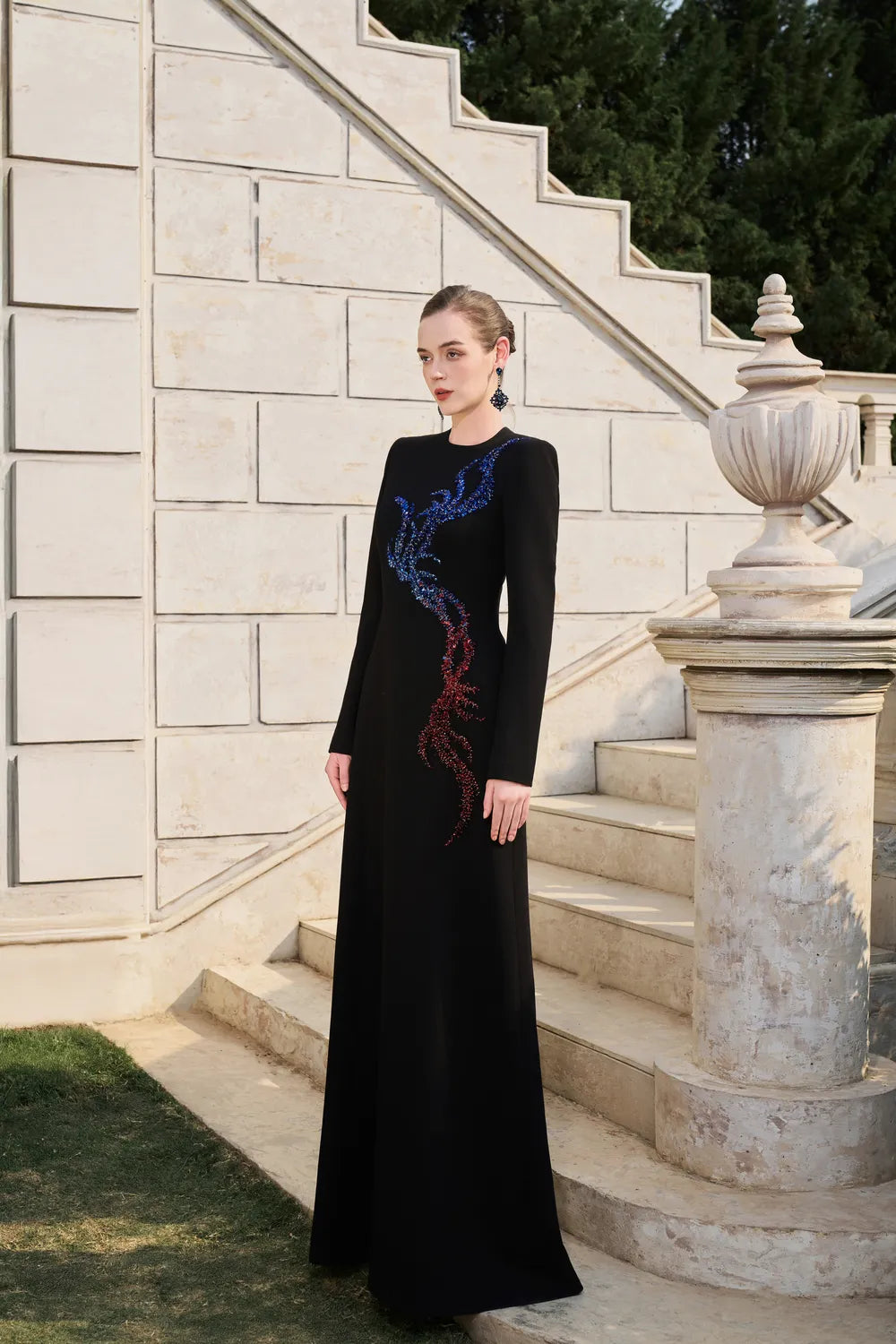 Long Sleeve Ombre Bead-Embellished Dress