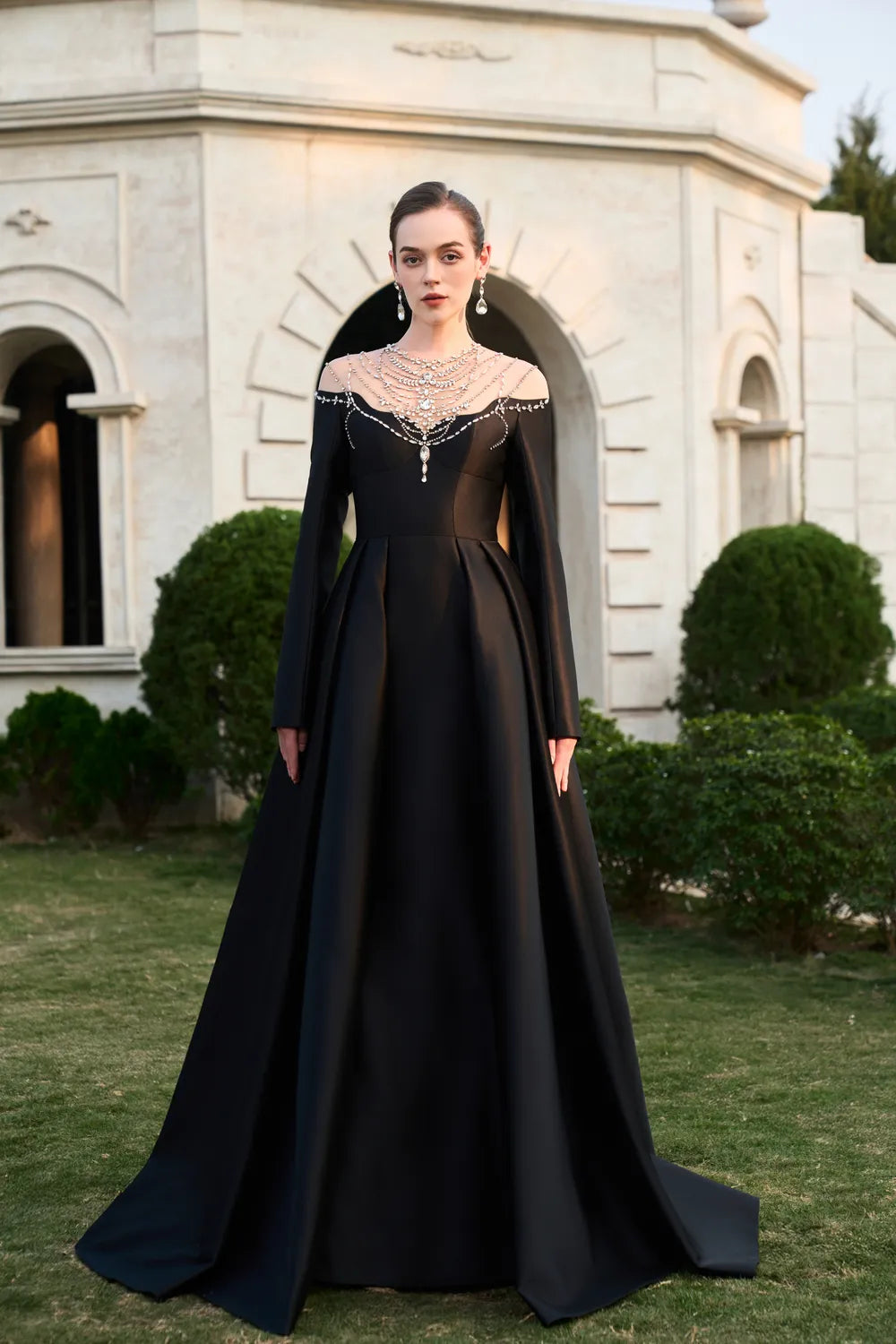 See-Through Shoulder With Stylized Crystal-Embellished Dress