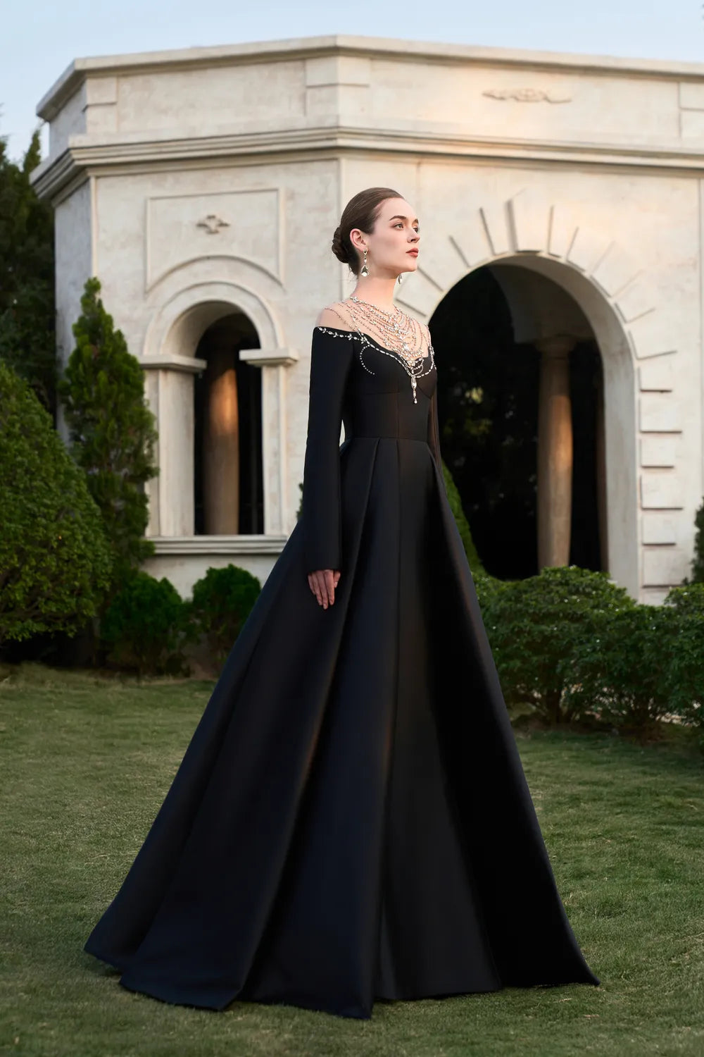 See-Through Shoulder With Stylized Crystal-Embellished Dress