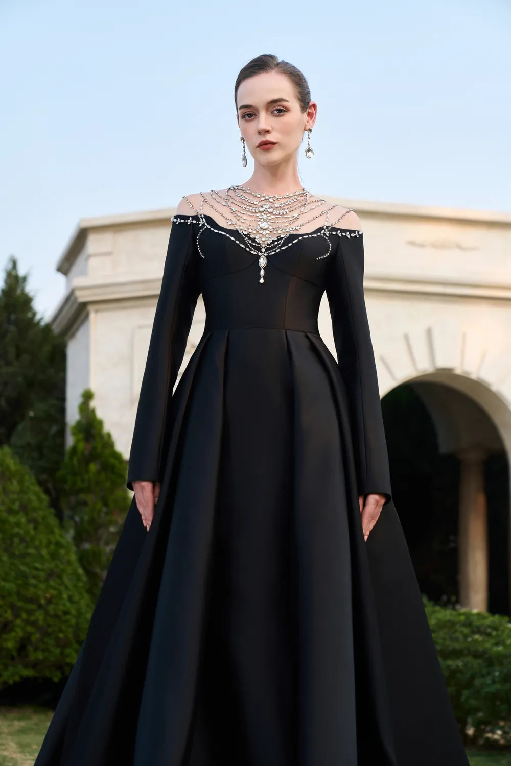 See-Through Shoulder With Stylized Crystal-Embellished Dress