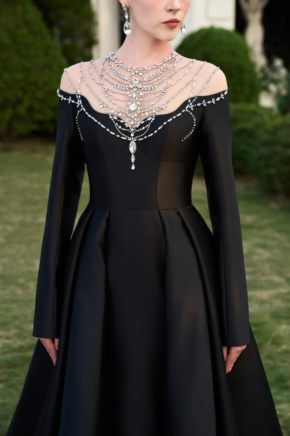 See-Through Shoulder With Stylized Crystal-Embellished Dress