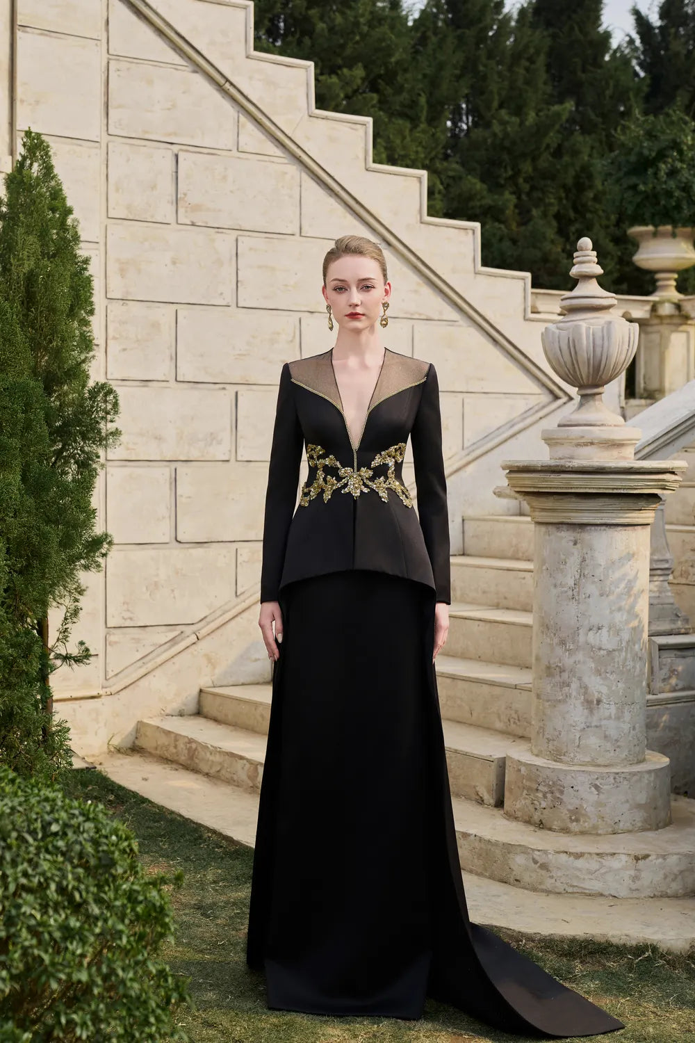 Deep V-Neck Pegged A-line Dress