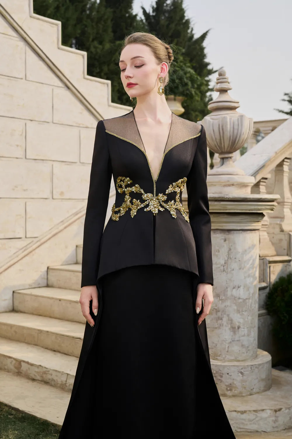 Deep V-Neck Pegged A-line Dress