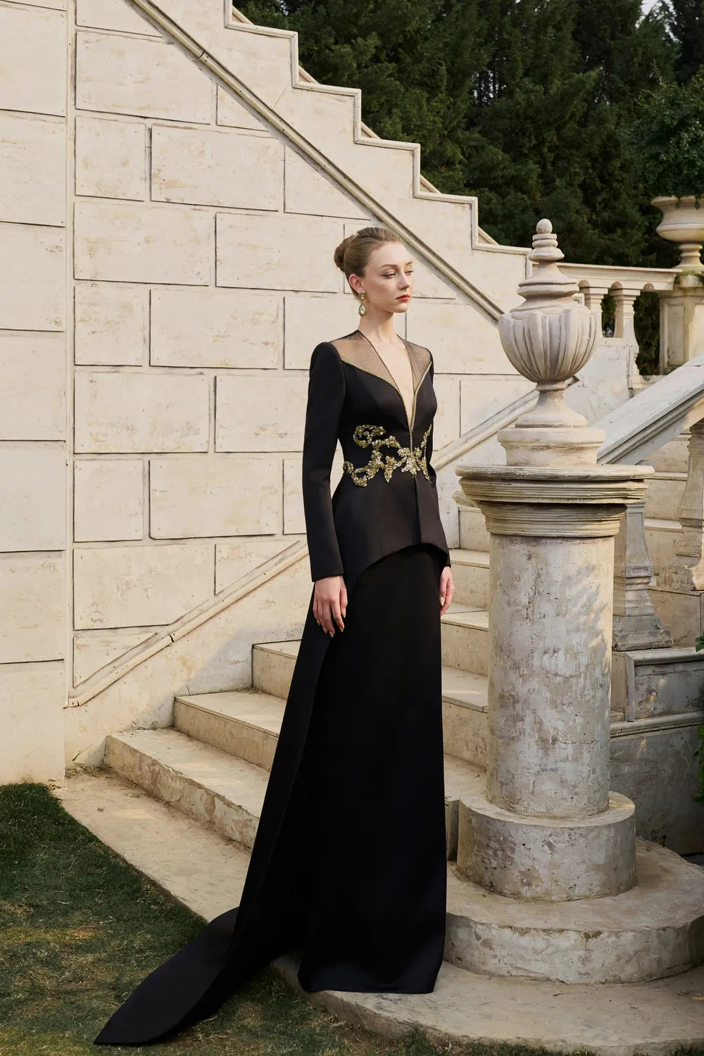 Deep V-Neck Pegged A-line Dress