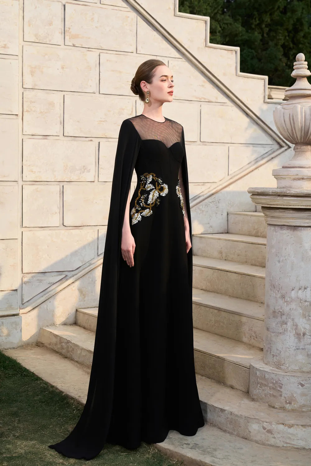 Long See-Through Flared Back Flap With Symmetric Embellished Dress