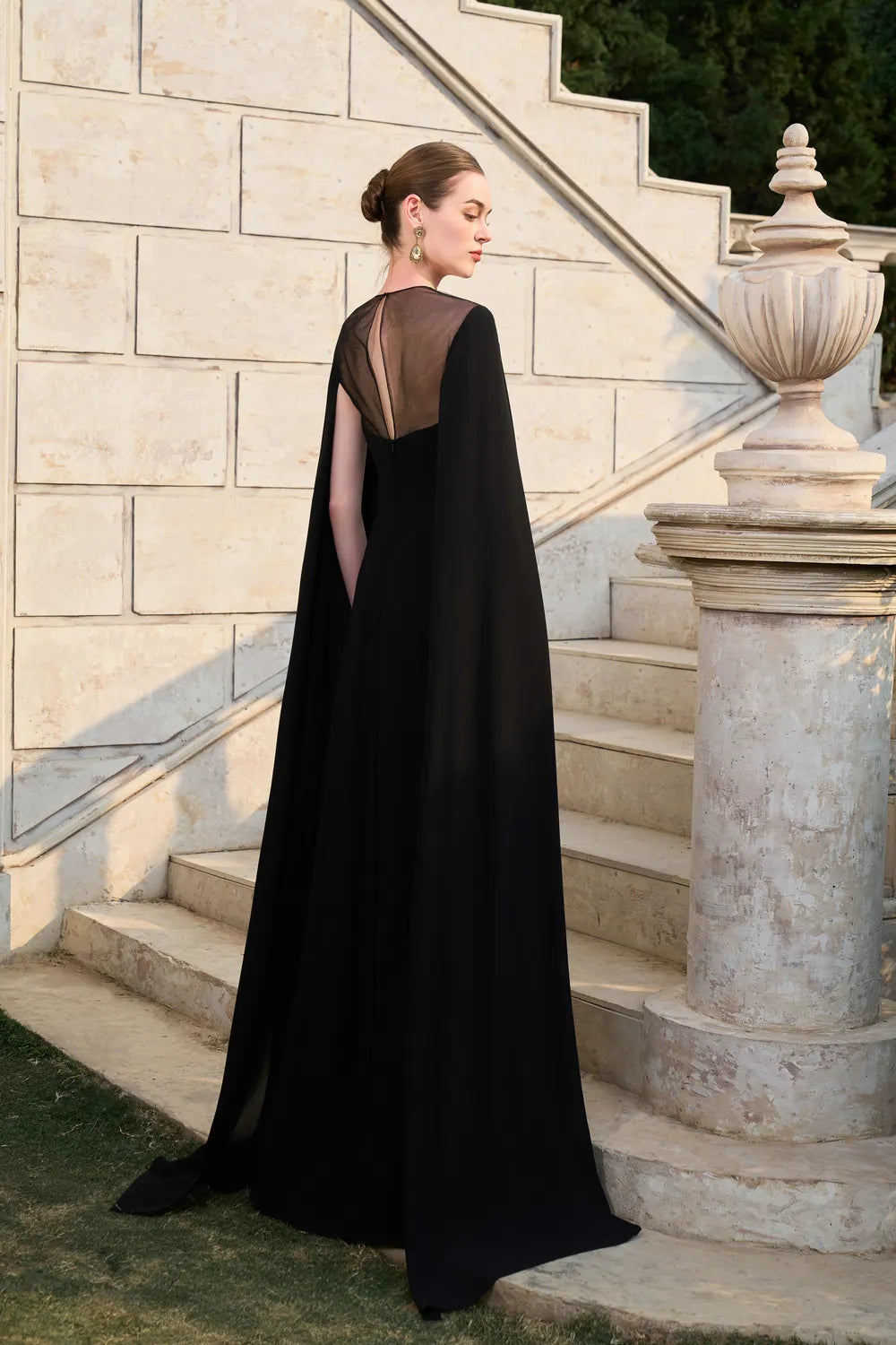 Long See-Through Flared Back Flap With Symmetric Embellished Dress