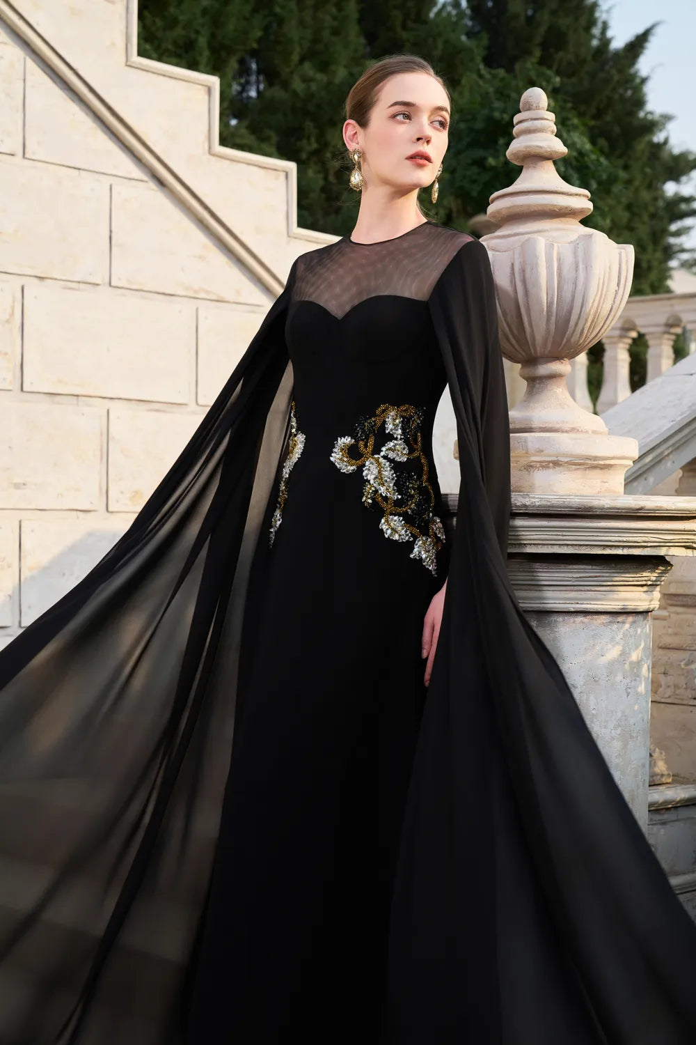 Long See-Through Flared Back Flap With Symmetric Embellished Dress