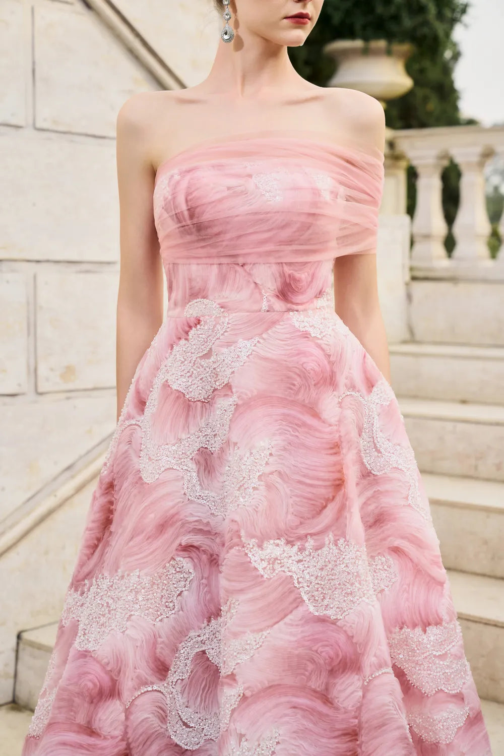 Asymmetric Mesh Sleeve Folded A-Line Dress