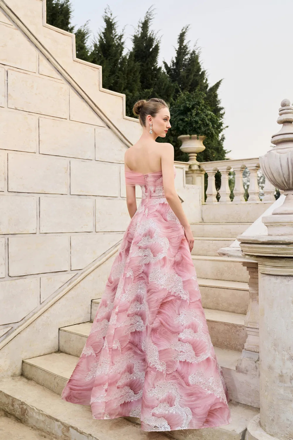 Asymmetric Mesh Sleeve Folded A-Line Dress