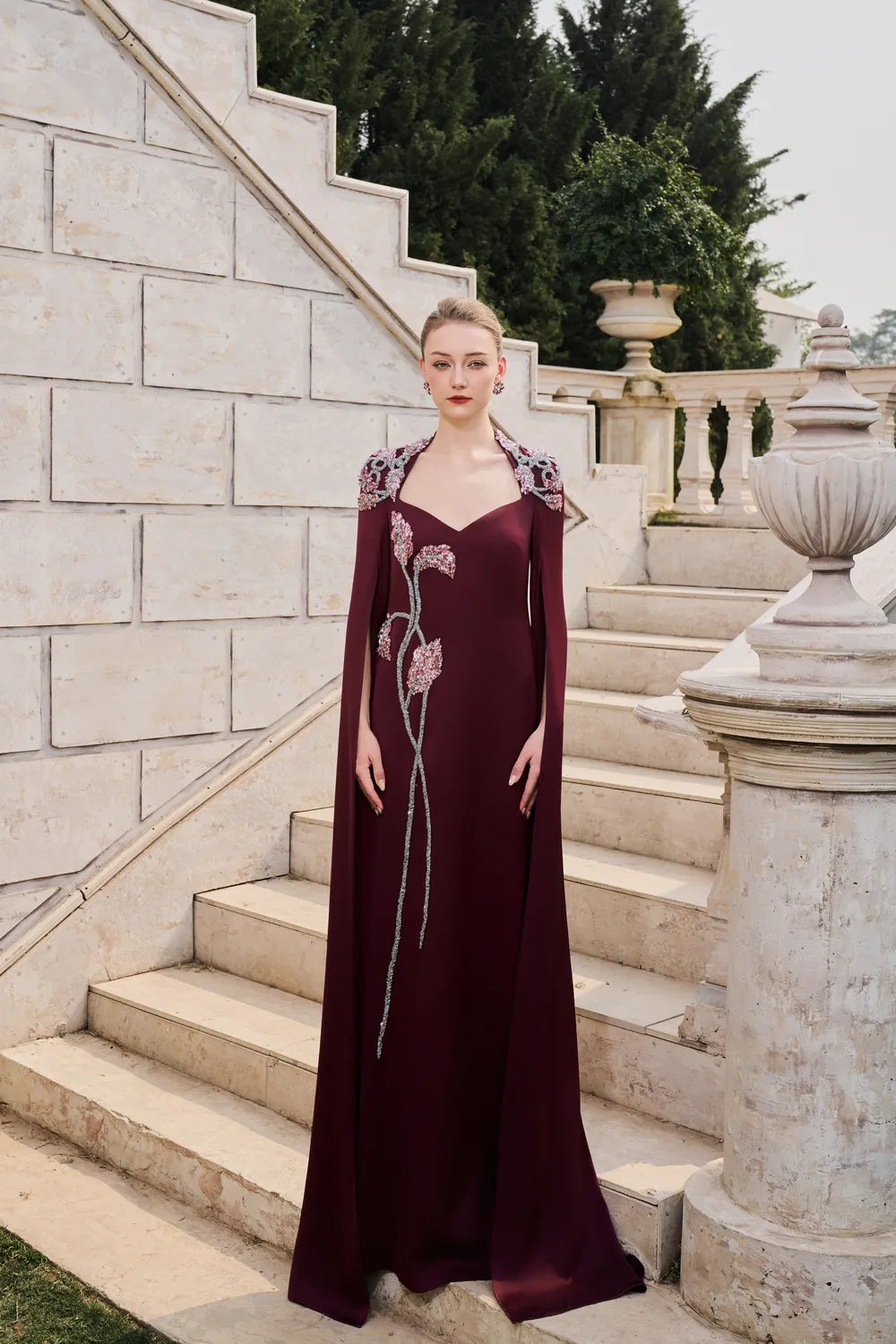 Long Sleeve Cape Trapezoid Neckline Dress