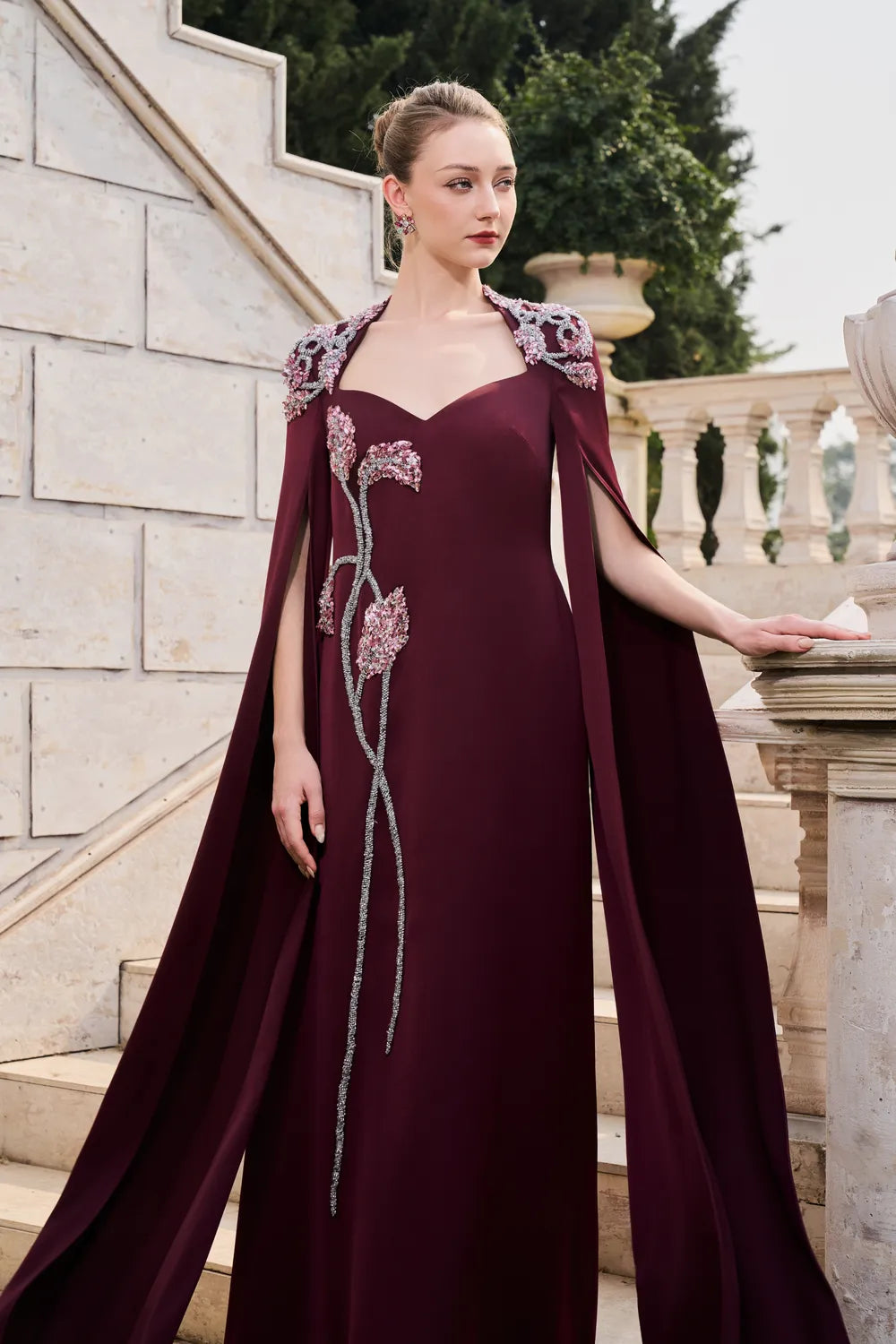 Long Sleeve Cape Trapezoid Neckline Dress