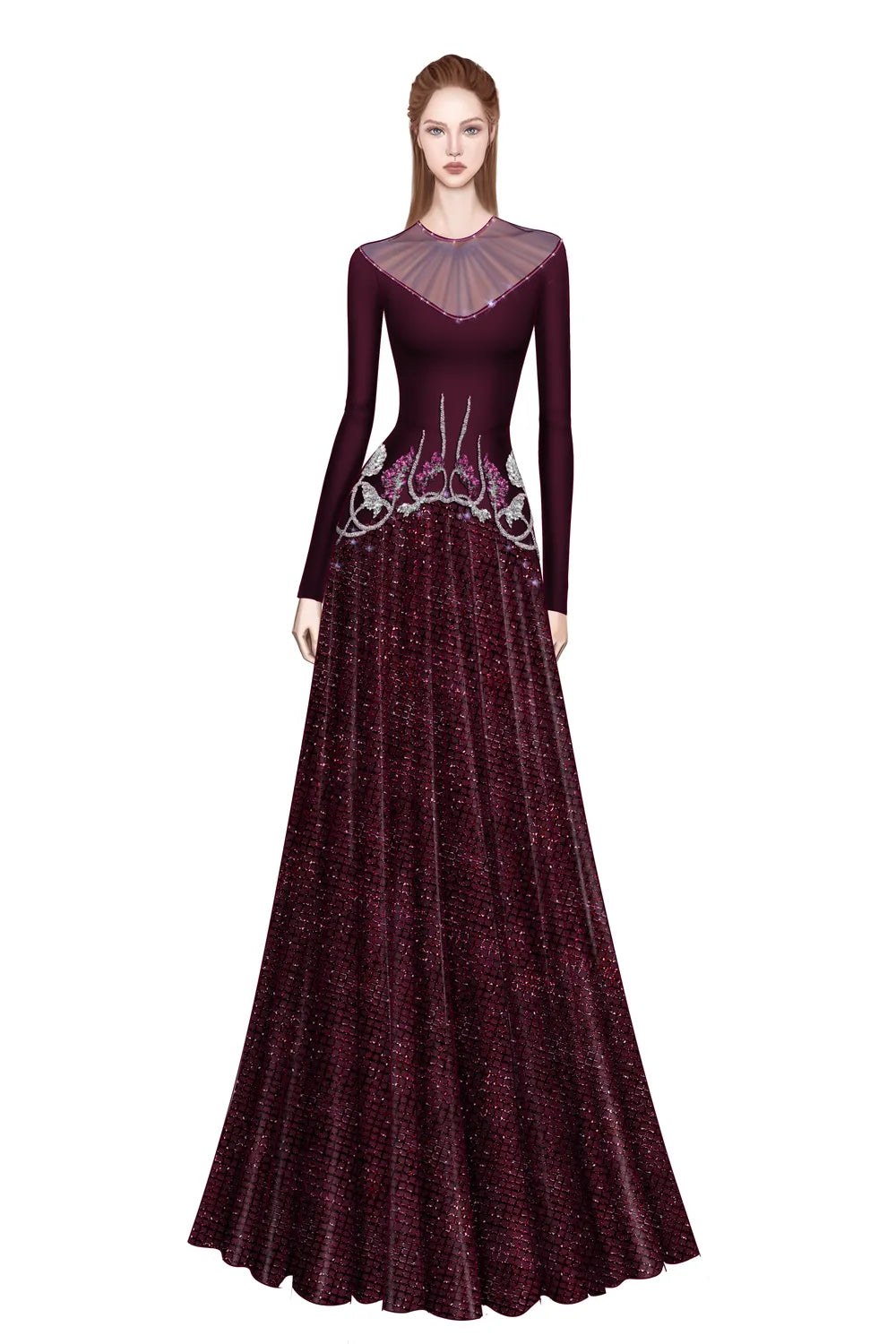 Gathered See-Through Shoulder Curved Crystal Hemline Dress