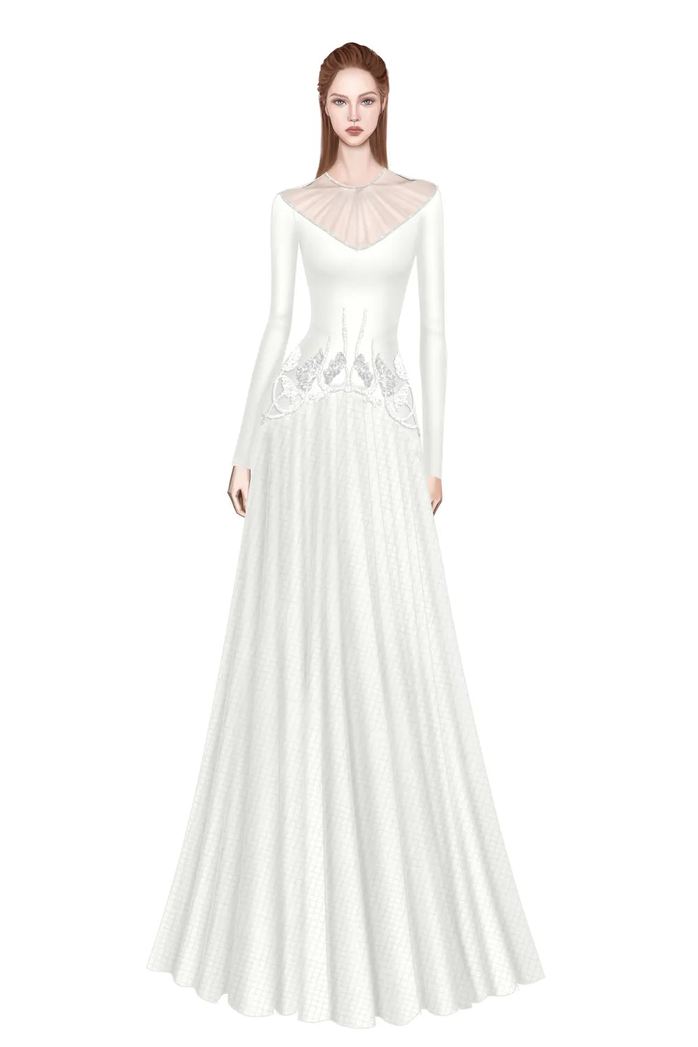 Gathered See-Through Shoulder Curved Crystal Hemline Dress