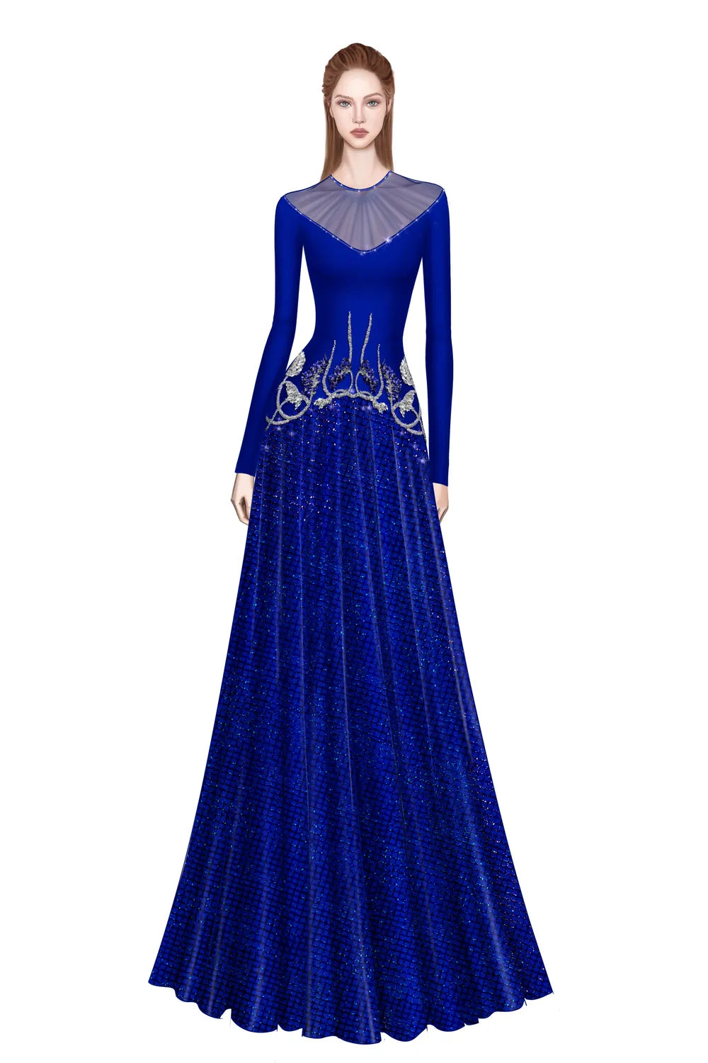 Gathered See-Through Shoulder Curved Crystal Hemline Dress