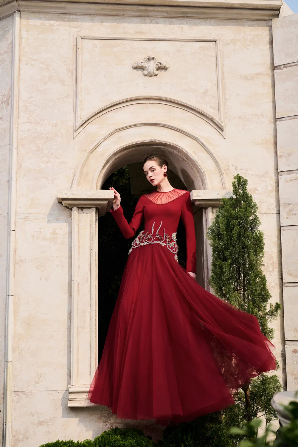 Gathered See-Through Shoulder Curved Crystal Hemline Dress