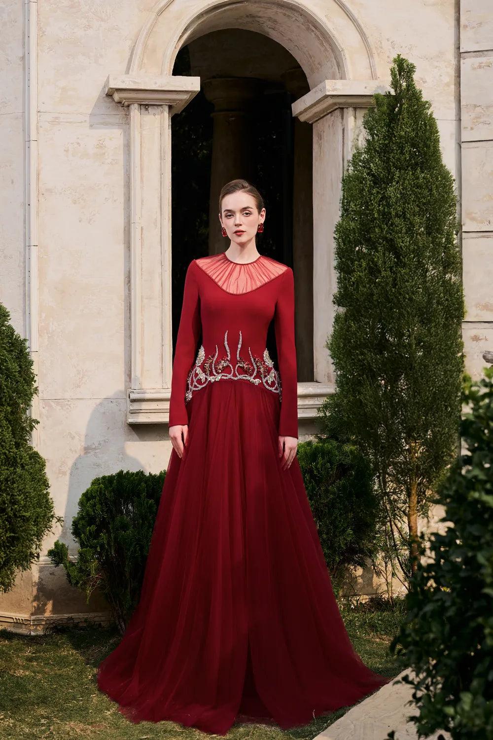 Gathered See-Through Shoulder Curved Crystal Hemline Dress