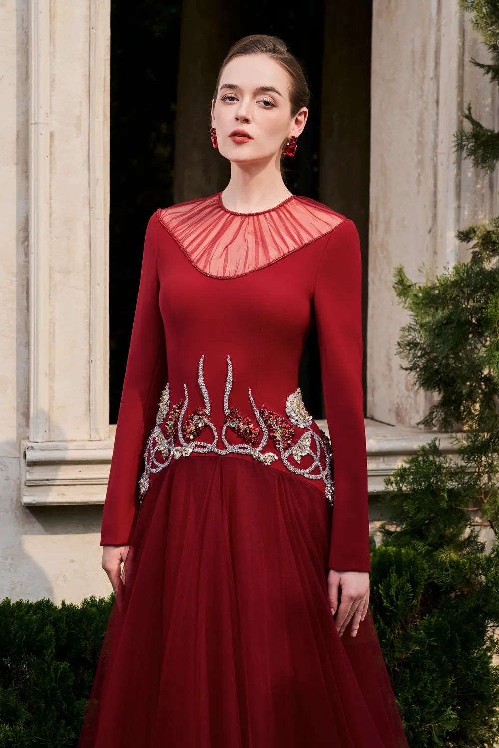 Gathered See-Through Shoulder Curved Crystal Hemline Dress