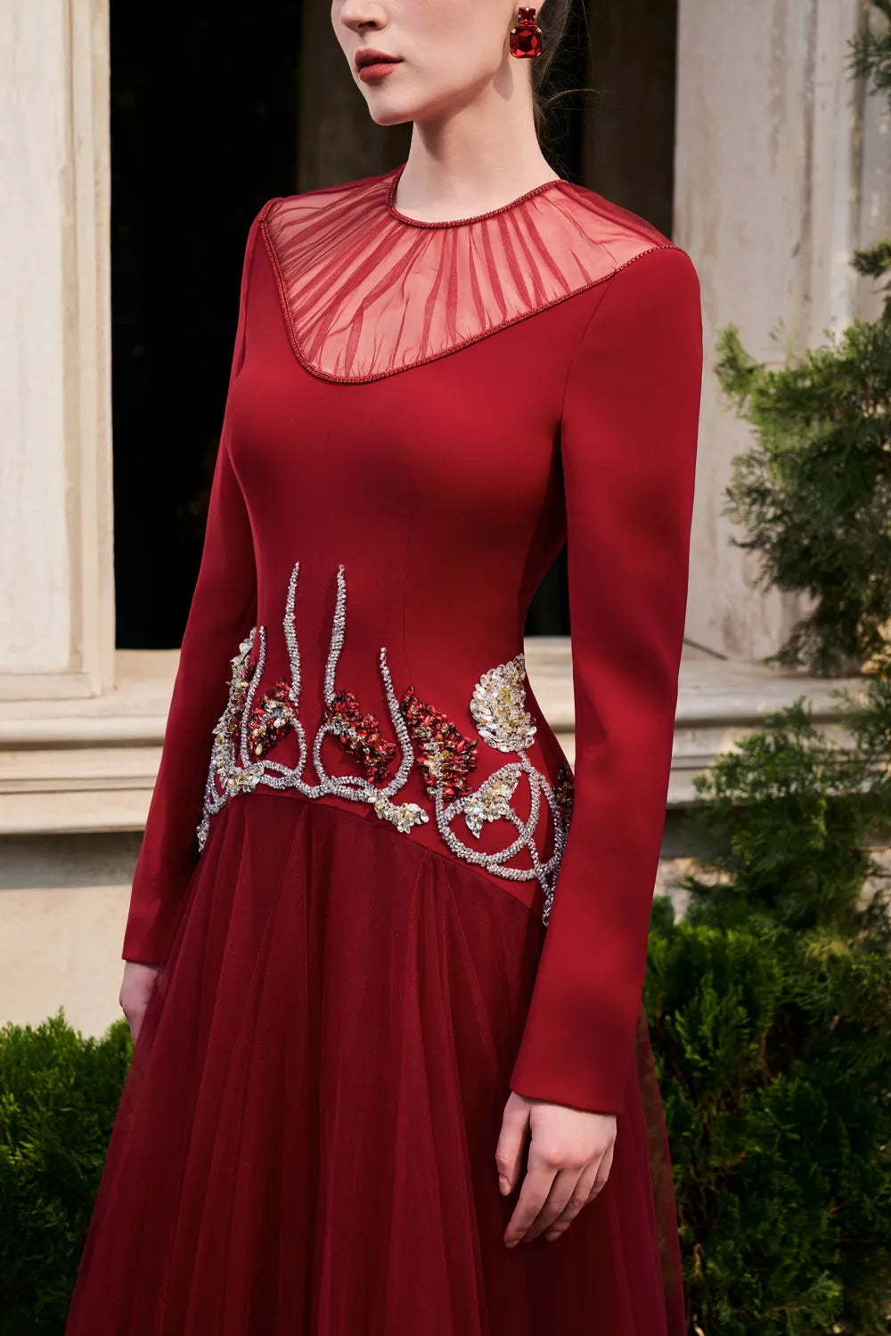 Gathered See-Through Shoulder Curved Crystal Hemline Dress