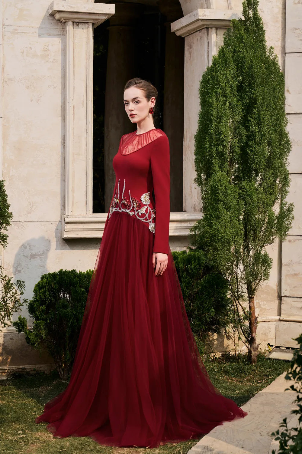 Gathered See-Through Shoulder Curved Crystal Hemline Dress