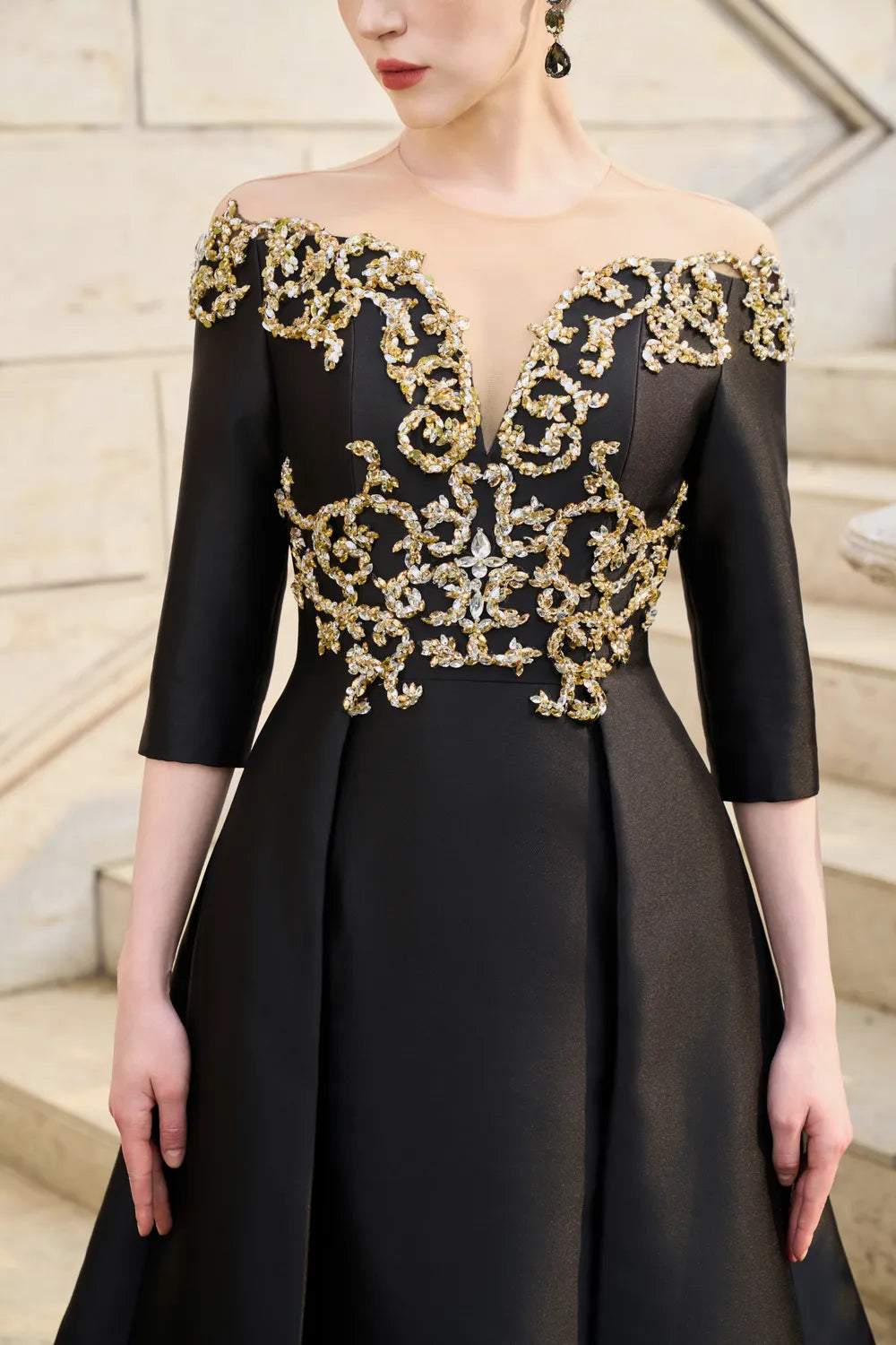 Off Shoulder Middle Sleeve Flared Dress