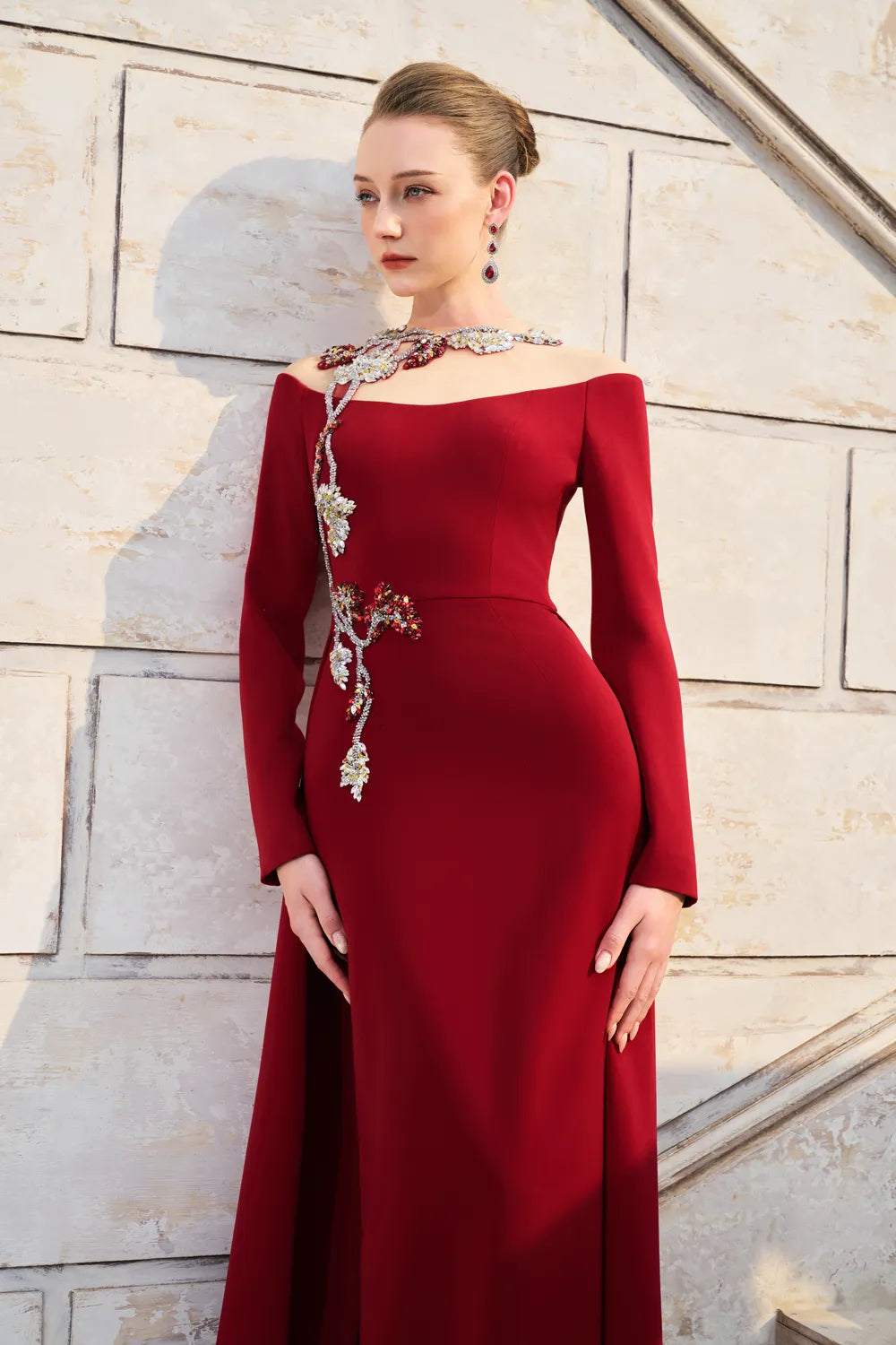 See Through Shoulder With 3D Embellished Flared Flap Dress