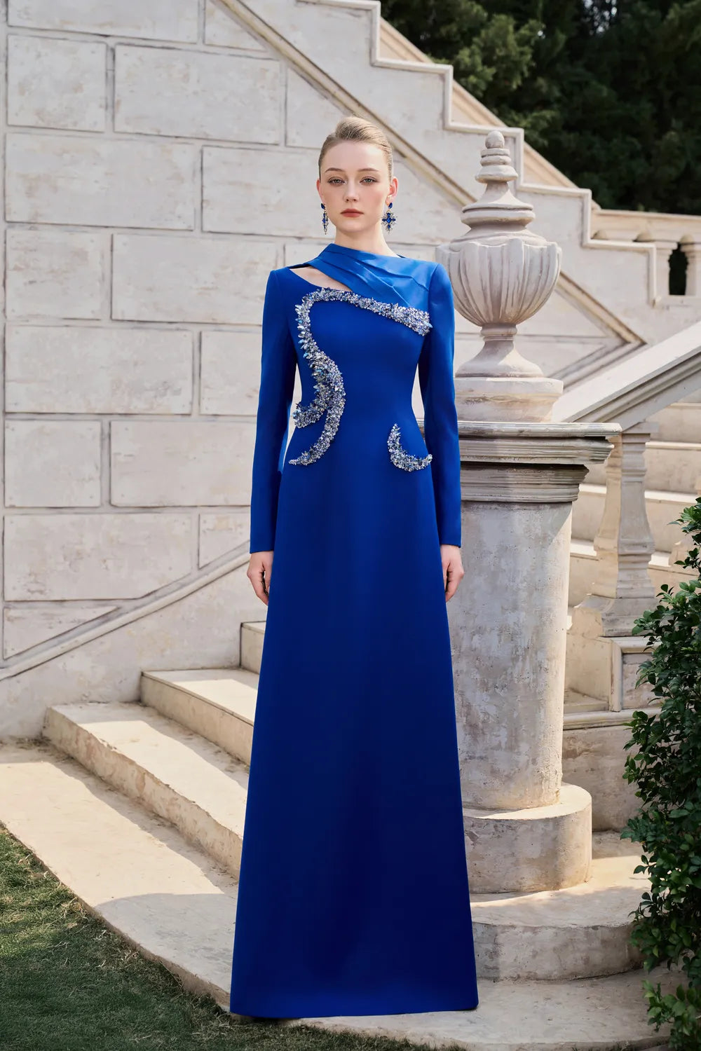 Diagonal Neck And Cut Out With Curved Crystal-Embellished Dress