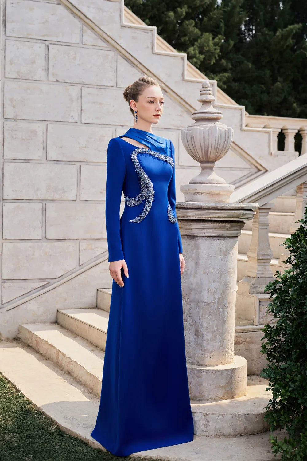 Diagonal Neck And Cut Out With Curved Crystal-Embellished Dress