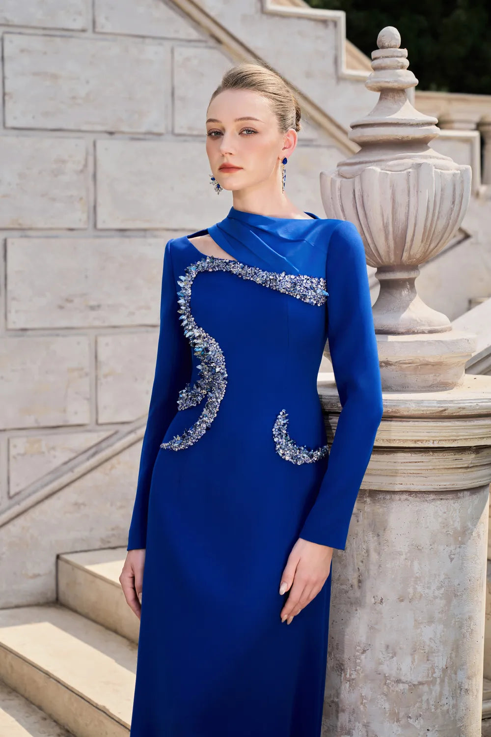Diagonal Neck And Cut Out With Curved Crystal-Embellished Dress