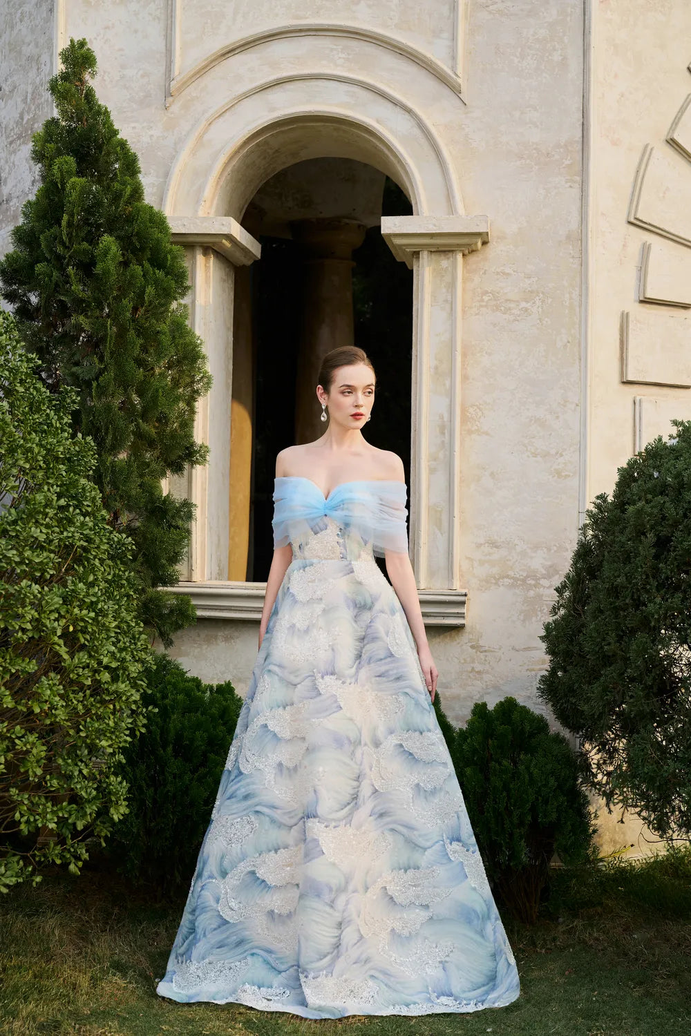 See-Through Off-Shoulder Cloudy Flared A-Line Dress