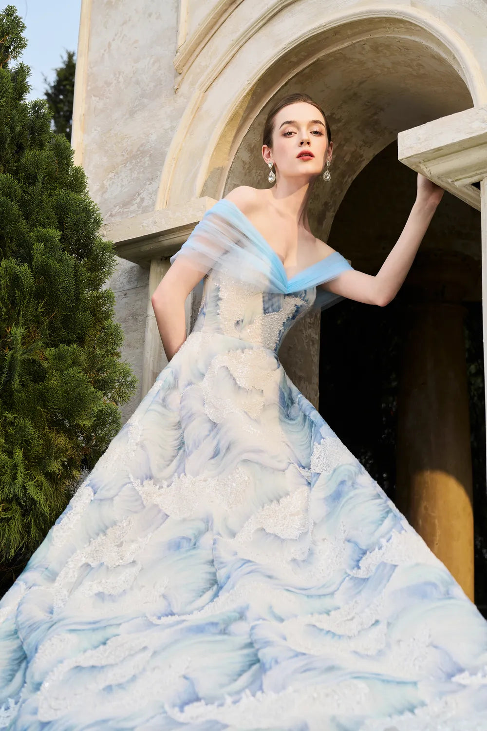 See-Through Off-Shoulder Cloudy Flared A-Line Dress