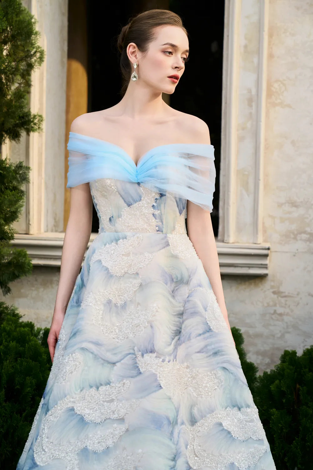 See-Through Off-Shoulder Cloudy Flared A-Line Dress
