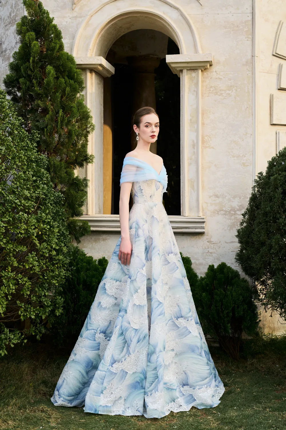 See-Through Off-Shoulder Cloudy Flared A-Line Dress