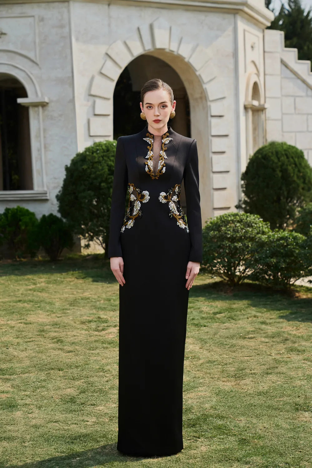 Symmetric Crystal-Embellished See-Through Chest Dress