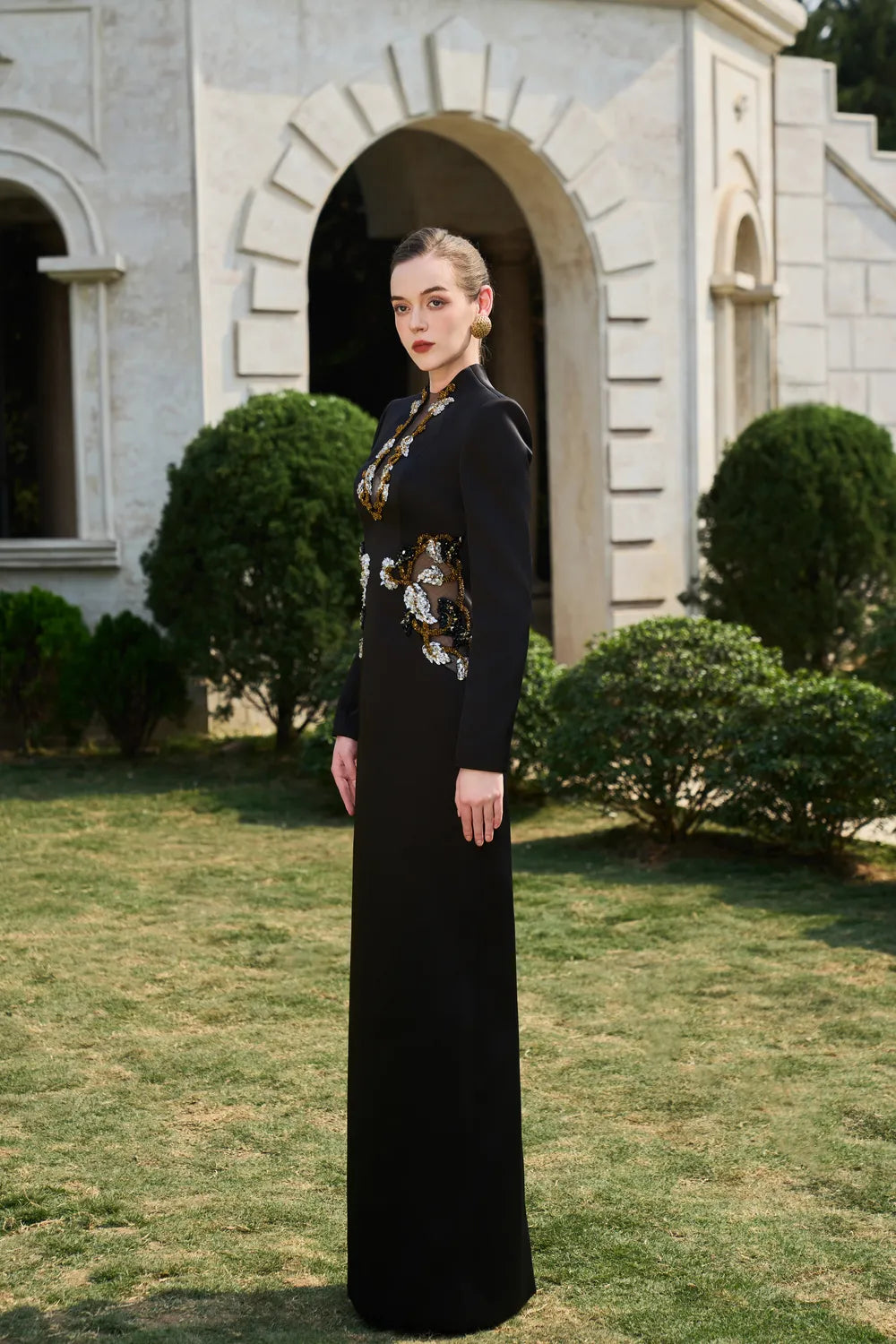 Symmetric Crystal-Embellished See-Through Chest Dress