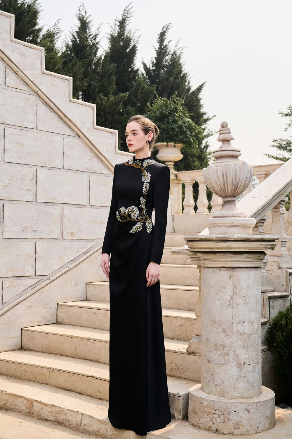 High Neck Long Sleeve Floral Dress