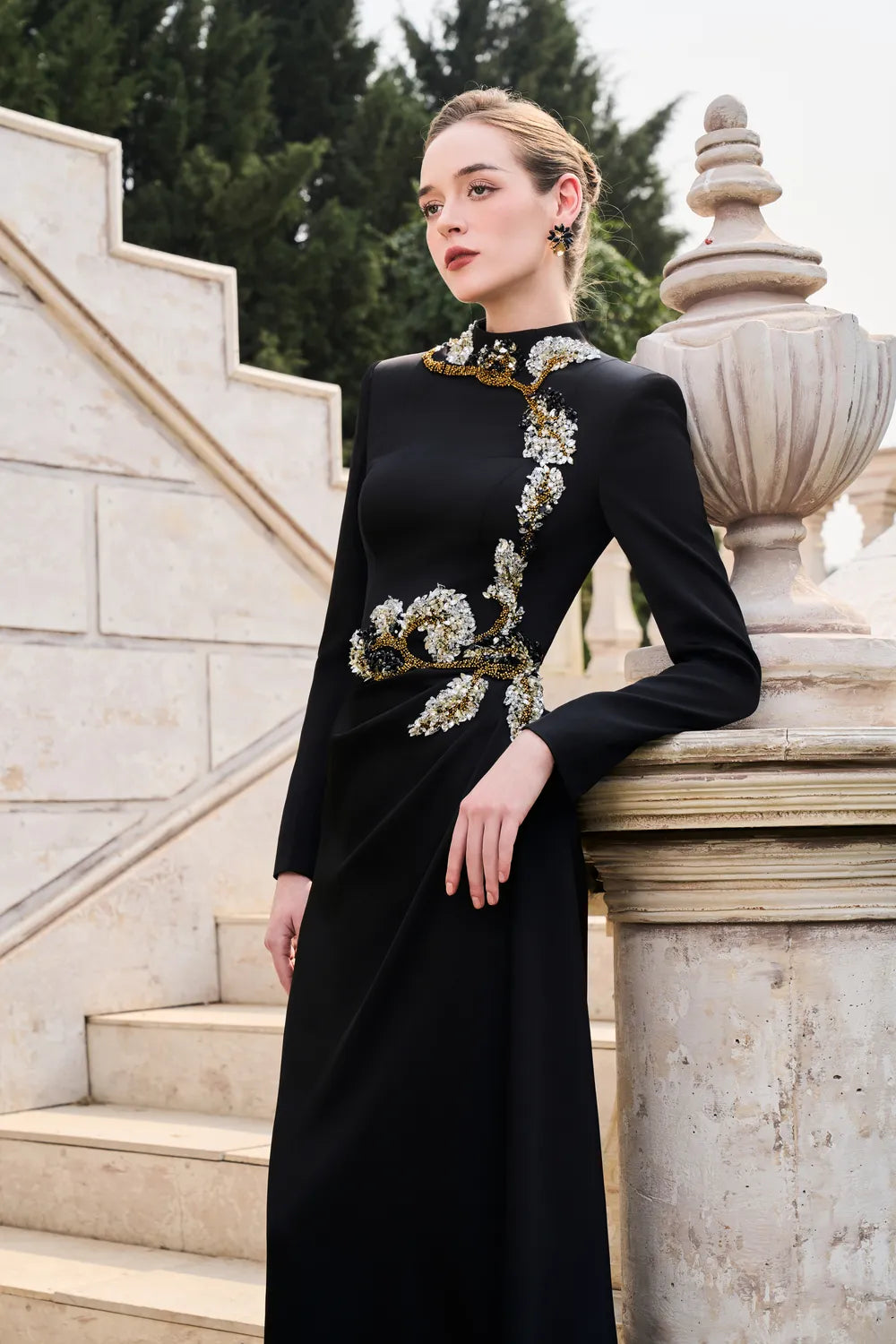 High Neck Long Sleeve Floral Dress