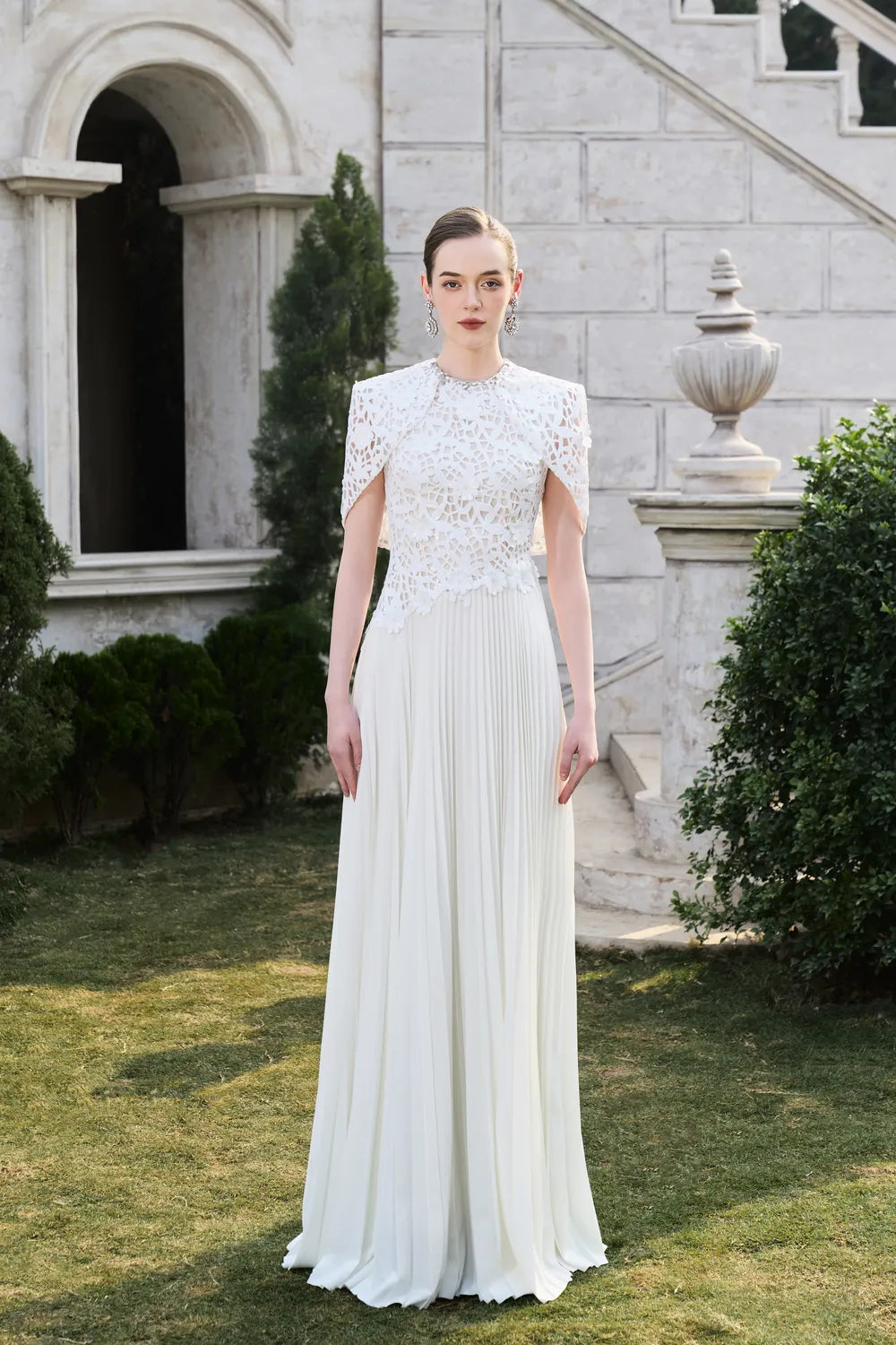 Short Cape Sleeve Floral Lace Pleated Dress