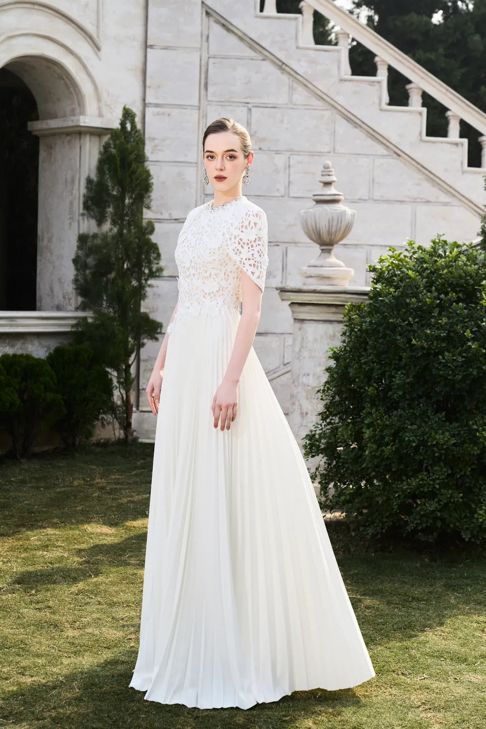 Short Cape Sleeve Floral Lace Pleated Dress