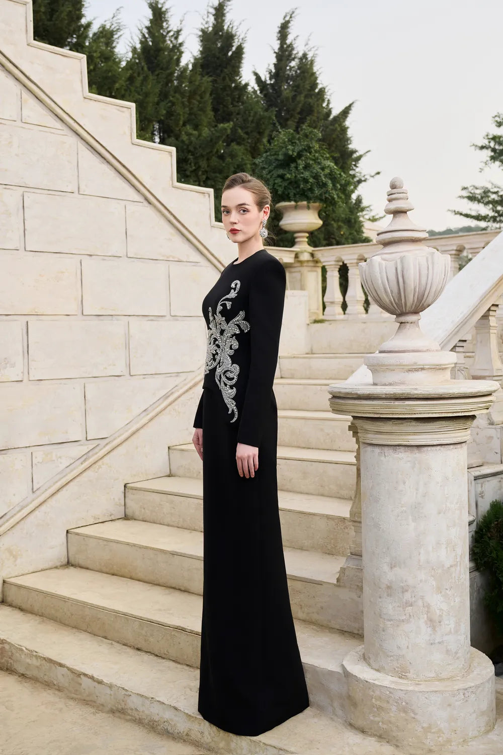 Side Crystal-Embellished Floor Length Dress