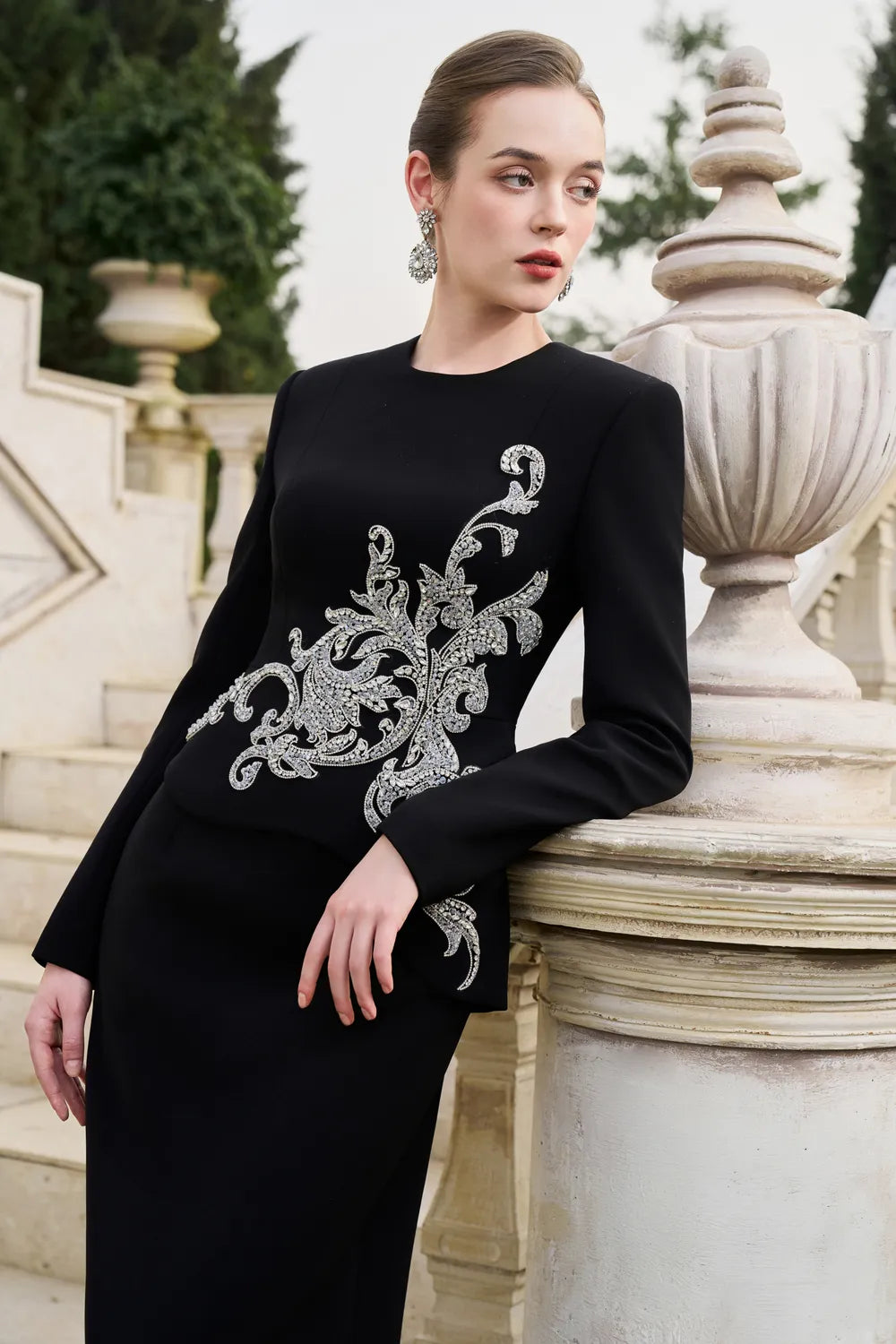 Side Crystal-Embellished Floor Length Dress