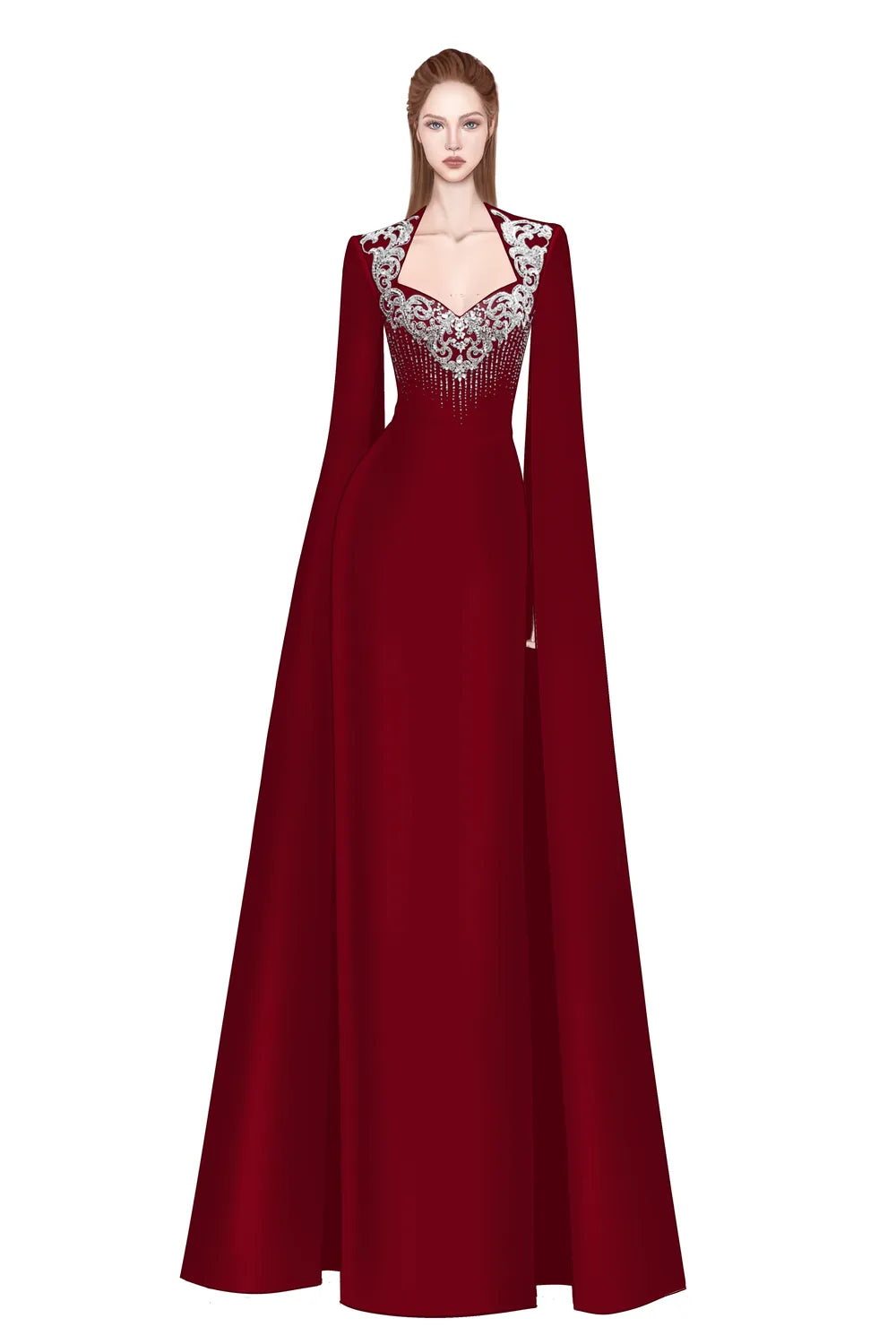 Long Flowy Sleeves Cape Crystal-Embellished Dress