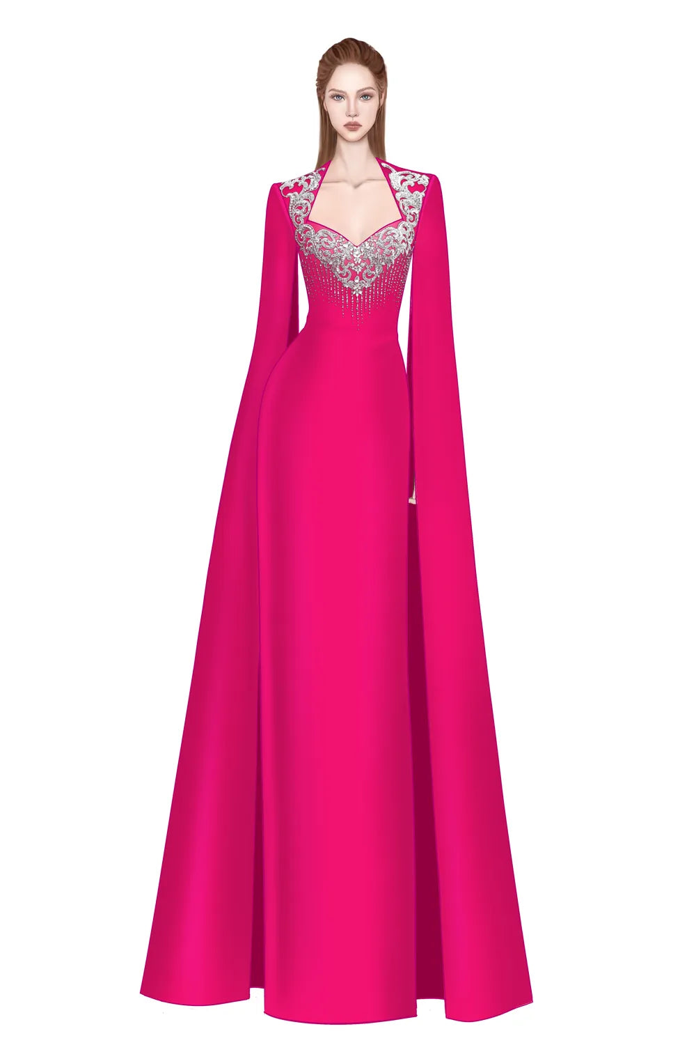 Long Flowy Sleeves Cape Crystal-Embellished Dress